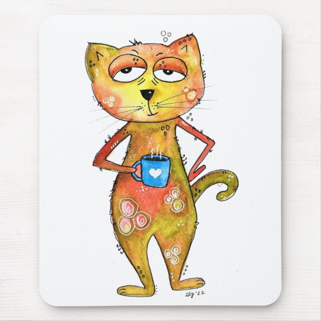 Niedlicher Whimsical Tired Cat Drink Kaffee Mousepad (Vorne)
