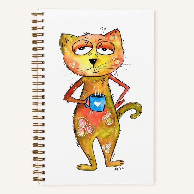 Niedlicher Whimsical Tired Cat Drink Kaffee Notizbuch (Vorderseite)