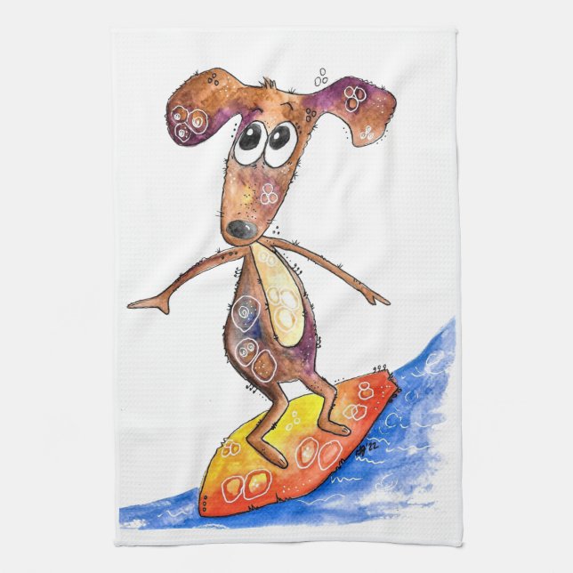 Niedlicher Whimsikaler Hund auf der Surfboard Geschirrtuch (Vertikal)