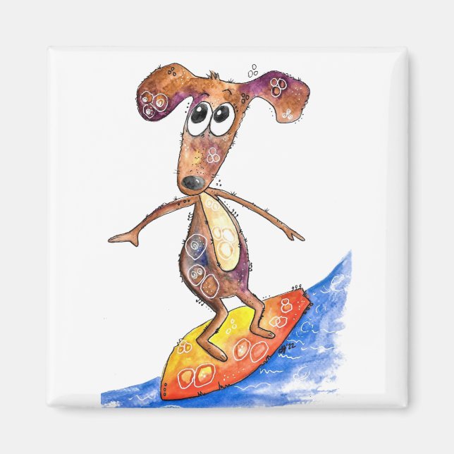 Niedlicher Whimsikaler Hund auf der Surfboard Magnet (Vorne)