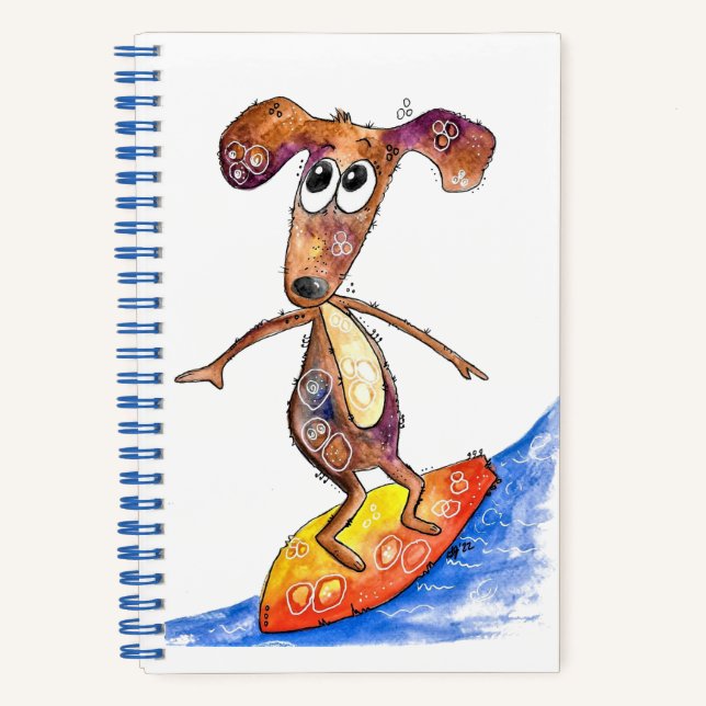 Niedlicher Whimsikaler Hund auf der Surfboard Notizbuch (Vorderseite)