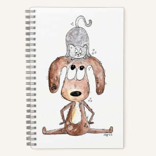 Niedlicher Whimsikaler Hund mit Katze auf seinem K Notizbuch