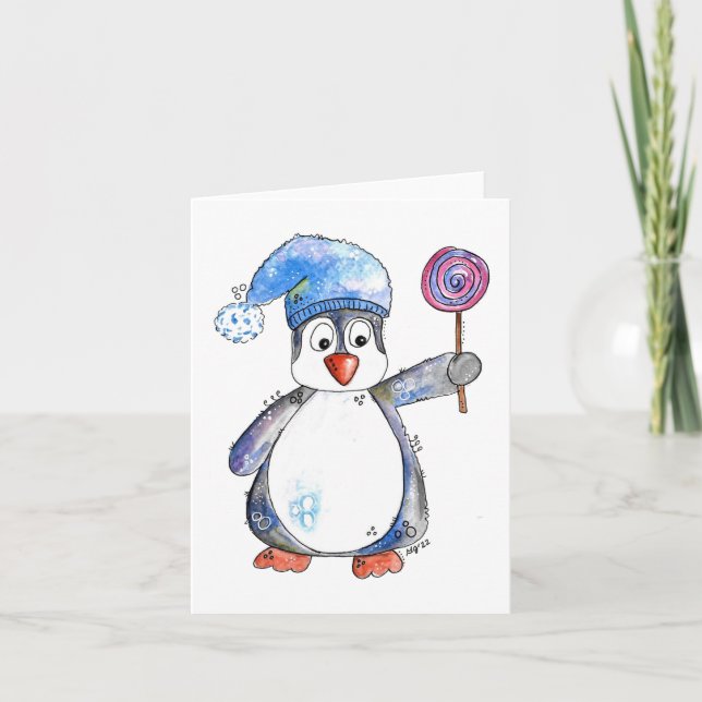 Niedlicher Whimsikaler Pinguin mit Lollipop Karte (Vorderseite)