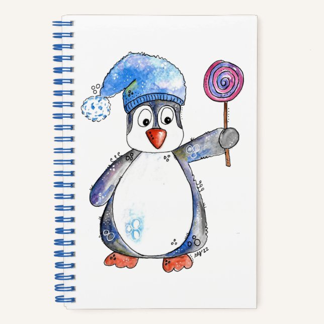 Niedlicher Whimsikaler Pinguin mit Lollipop Notizbuch (Vorderseite)