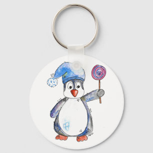Niedlicher Whimsikaler Pinguin mit Lollipop Schlüsselanhänger