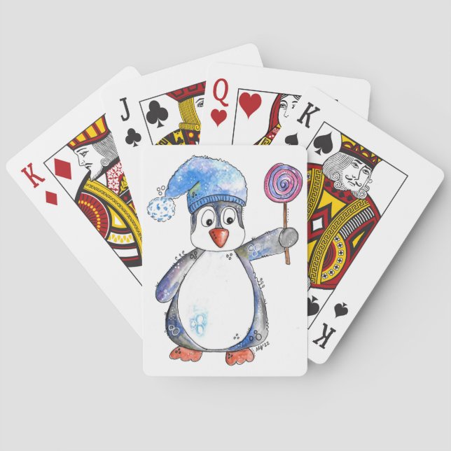 Niedlicher Whimsikaler Pinguin mit Lollipop Spielkarten (Rückseite)