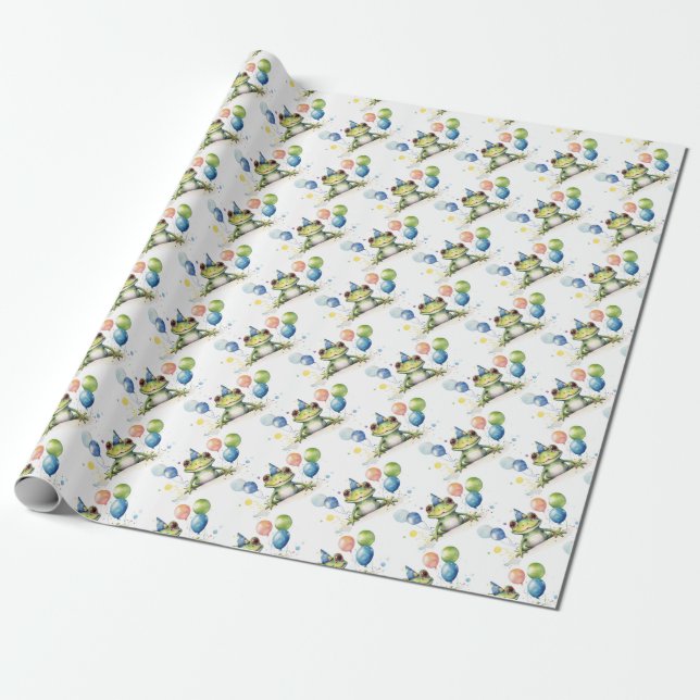 Niedlicher Whimsikgrüner Frosch mit Ballons Geschenkpapier (Ungerollt)