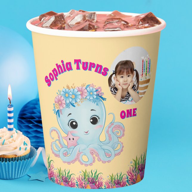 Niedlicher Whimsischer Floral Octopus Girly Foto G Pappbecher (Von Creator hochgeladen)