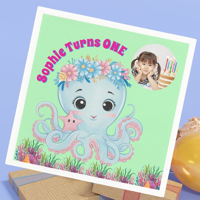 Niedlicher Whimsischer Floral Octopus Girly Foto G Serviette (Von Creator hochgeladen)