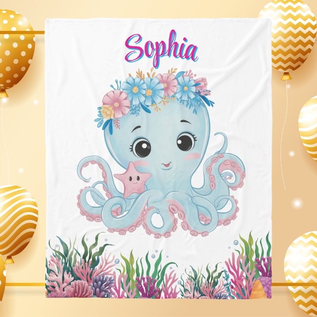 Niedlicher Whimsischer Floral Octopus Girly Geburt Fleecedecke (Von Creator hochgeladen)