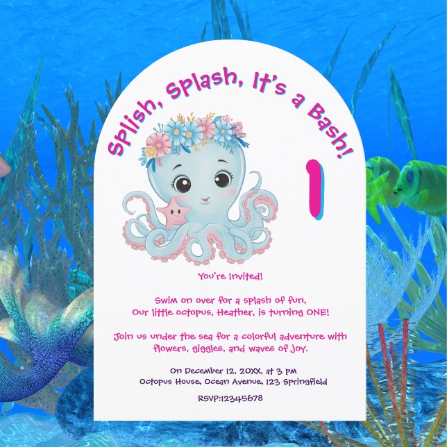 Niedlicher Whimsischer Floral Octopus Girly Kinder Einladung (Von Creator hochgeladen)