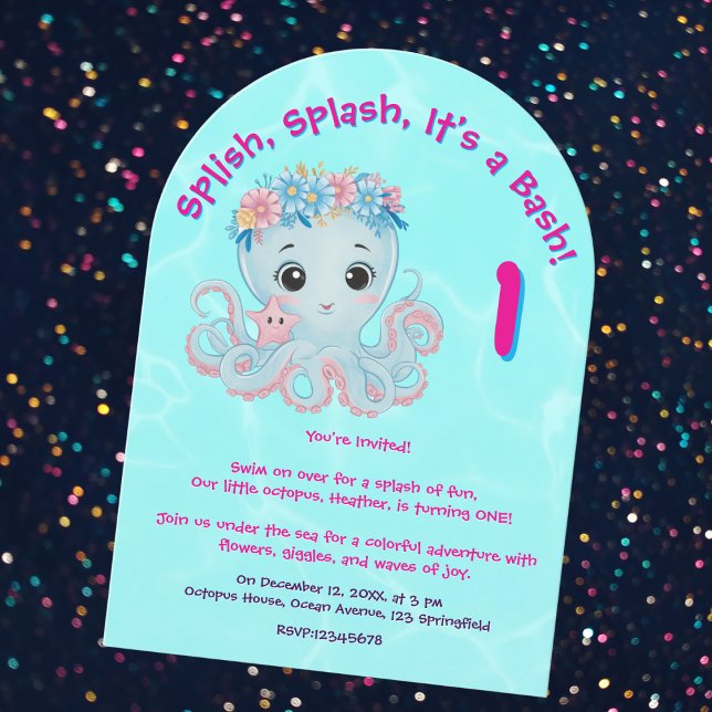 Niedlicher Whimsischer Floral Octopus Girly Kinder Einladung (Von Creator hochgeladen)