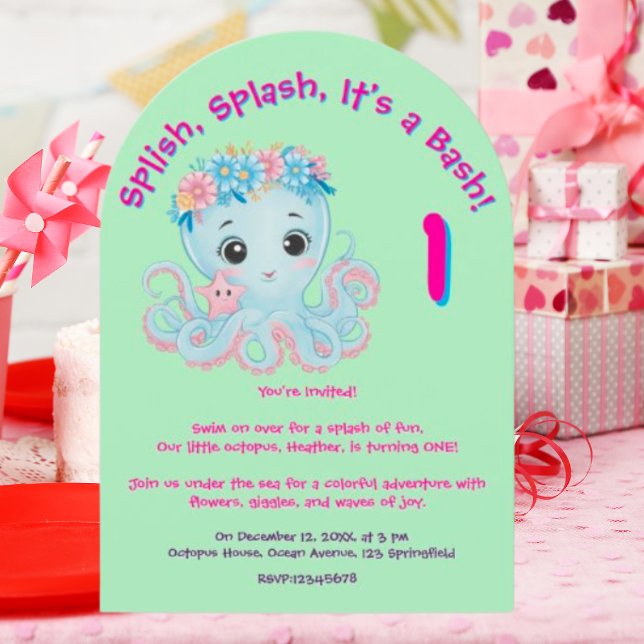 Niedlicher Whimsischer Floral Octopus Girly Kinder Einladung (Von Creator hochgeladen)