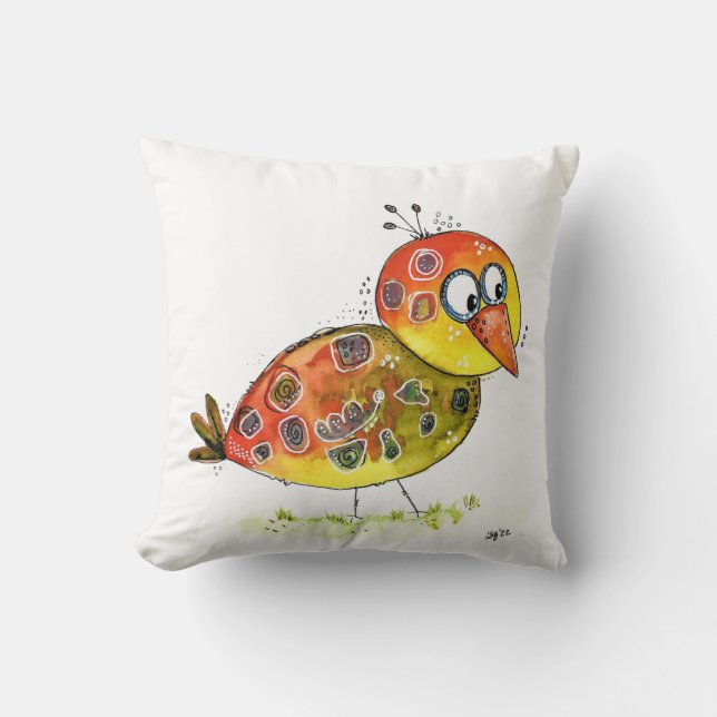Niedlicher Whimsischer Gelbvogel Kissen (Vorderseite)