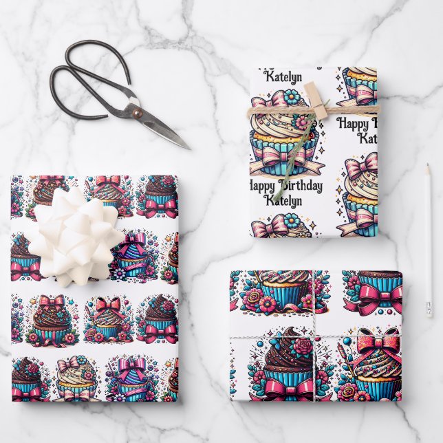 Niedlicher Whimsischer Personalisierter Cupcake Ge Geschenkpapier Set (Vorderseite)