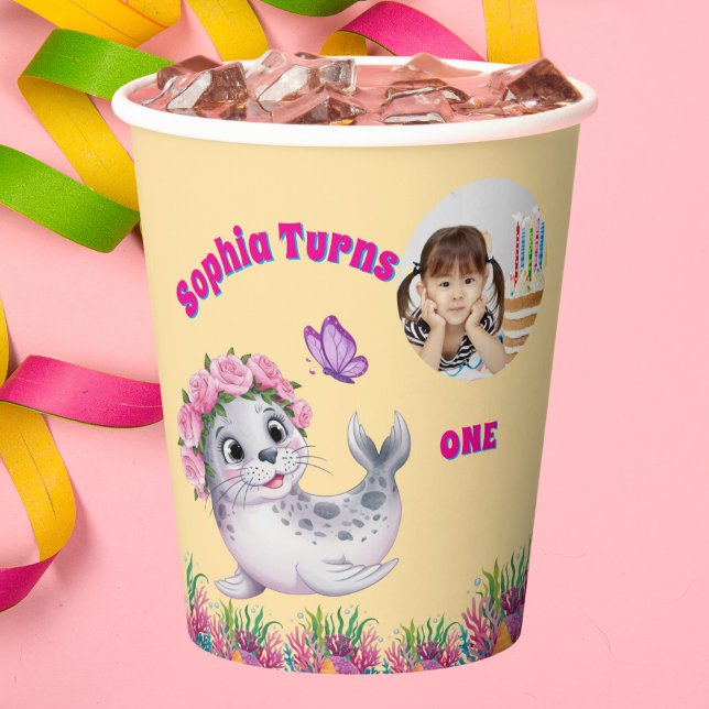 Niedlicher Whimsischer Seelöwe Foto Geburtstag Pappbecher (Von Creator hochgeladen)