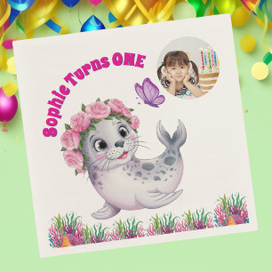 Niedlicher Whimsischer Seelöwe Foto Geburtstag Serviette