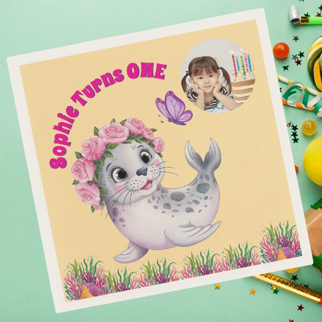 Niedlicher Whimsischer Seelöwe Foto Geburtstag Serviette (Von Creator hochgeladen)