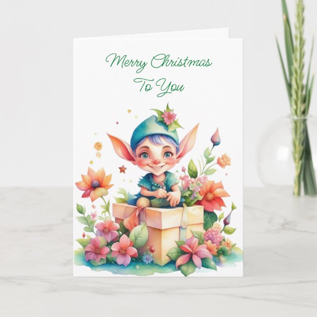 Niedlicher Whimsischer Weihnachtself Karte (Vorderseite)