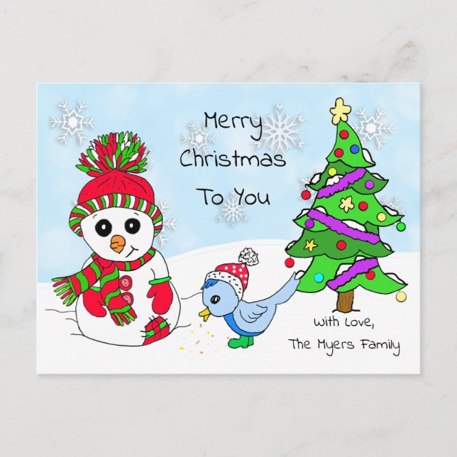 Niedlicher Whimsischer Weihnachtsschneemann und Bi Postkarte (Vorderseite)