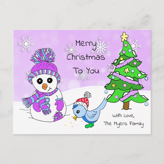 Niedlicher Whimsischer Weihnachtsschneemann und Bi Postkarte (Vorderseite)