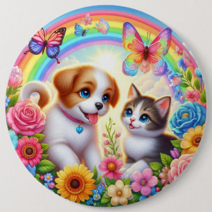 Niedlicher/whimsischer Welpe/Kätzchen Regenbogen Button