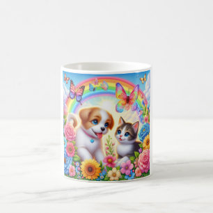 Niedlicher/whimsischer Welpe/Kätzchen Regenbogen Kaffeetasse