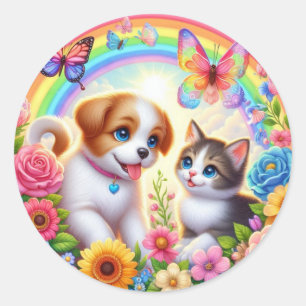 Niedlicher/whimsischer Welpe/Kätzchen Regenbogen Runder Aufkleber