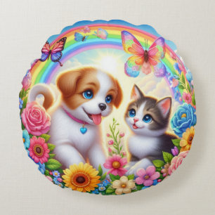 Niedlicher/whimsischer Welpe/Kätzchen Regenbogen Rundes Kissen
