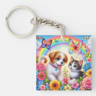 Niedlicher/whimsischer Welpe/Kätzchen Regenbogen Schlüsselanhänger