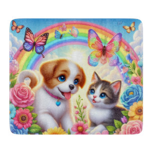 Niedlicher/whimsischer Welpe/Kätzchen Regenbogen Schneidebrett