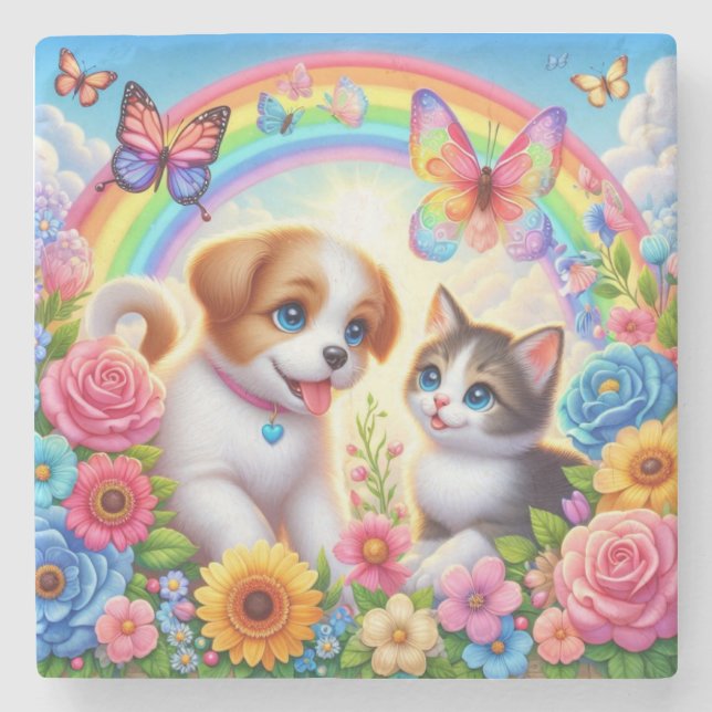 Niedlicher/whimsischer Welpe/Kätzchen Regenbogen Steinuntersetzer (Vorderseite)