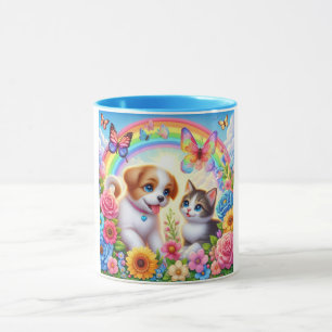 Niedlicher/whimsischer Welpe/Kätzchen Regenbogen Tasse