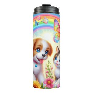 Niedlicher/whimsischer Welpe/Kätzchen Regenbogen Thermosbecher