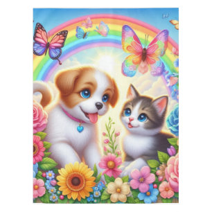Niedlicher/whimsischer Welpe/Kätzchen Regenbogen Tischdecke