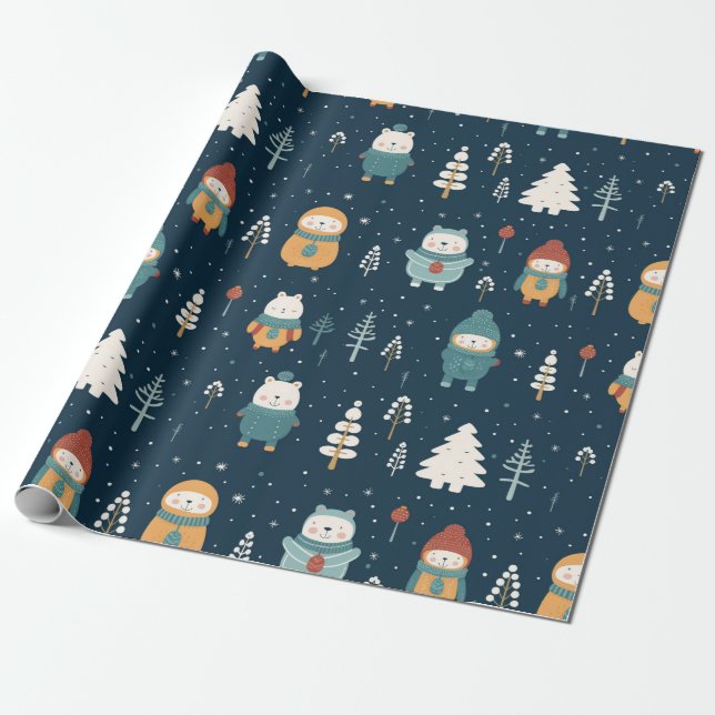 Niedlicher Whimsischer Winterbär Weihnachten Geschenkpapier (Ungerollt)