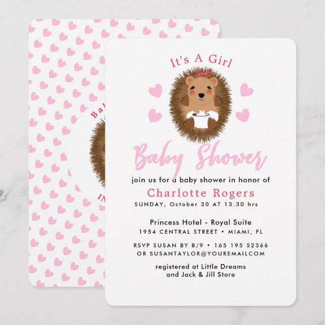 Niedlicher Whimsy Igel Pink Heart Baby Girl Dusche Einladung (Vorne/Hinten)