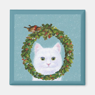 Niedlicher White Cat Birds Weihnachtsschneemagnet Magnet