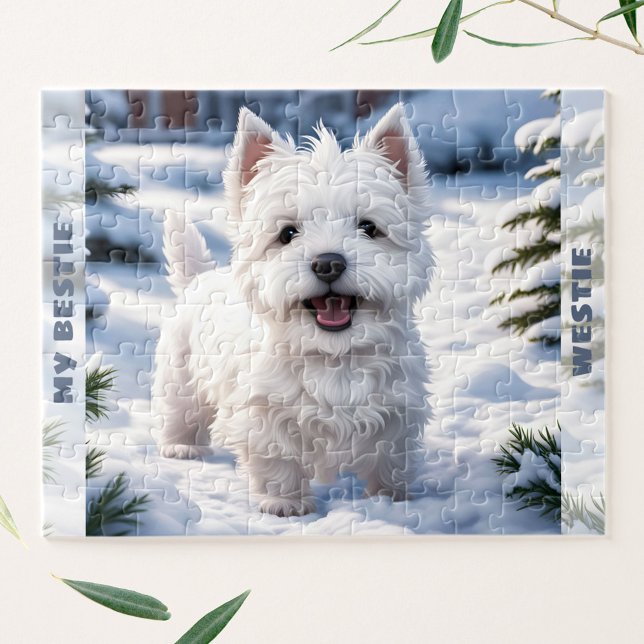Niedlicher White Dog Westie Winter Snow Individuel (Cute White Dog Westie Winter Snow Custom Name Jigsaw Puzzle)