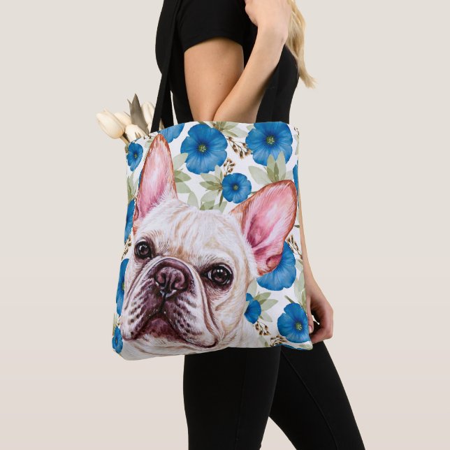 Niedlicher White French Bulldog auf Blauem Blume-M Tasche (Von Nahem)