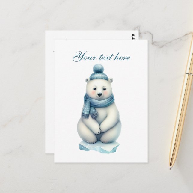 Niedlicher Winter Eisbär Winter Zusatztext Postkarte (Vorderseite/Rückseite Beispiel)