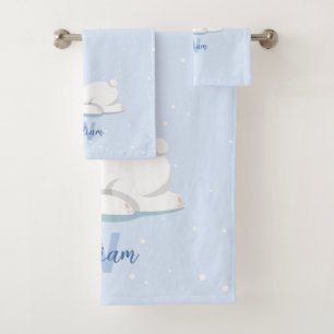 Niedlicher Winter Polar Bär Individuelle Name Kind Badhandtuch Set