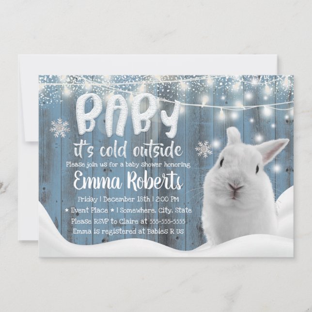 Niedlicher Winter Rabbit Dusty Blue Barn Babydusch Einladung (Vorderseite)