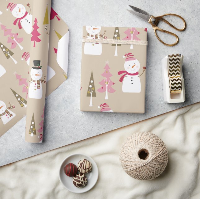 Niedlicher Winter Snowman Pink Weihnachtsbaumen Ki Geschenkpapier (Kunsthandwerk)