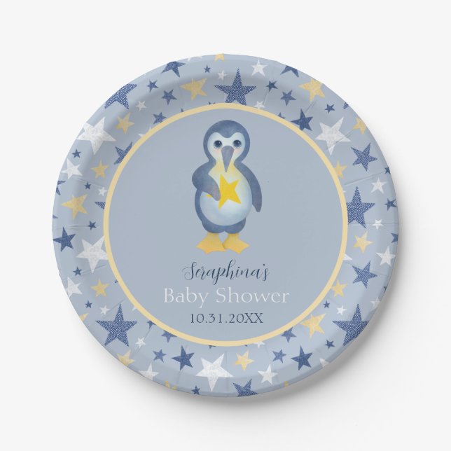 Niedlicher Winter Star Pinguin Kinderdusche Pappteller (Vorderseite)