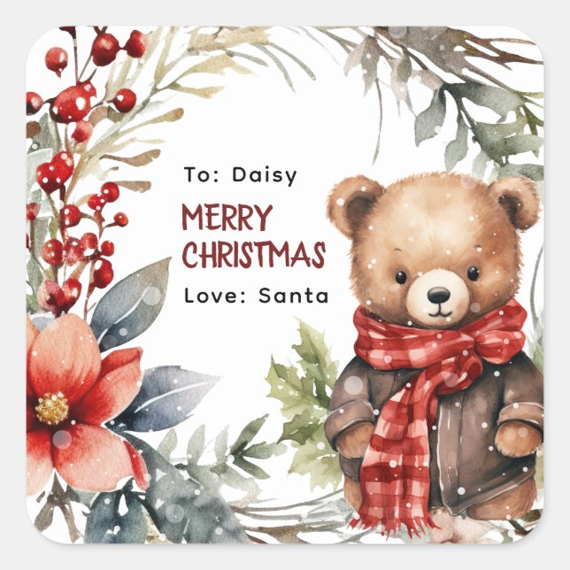 Niedlicher Winter Teddy Bär Kinder Weihnachtsgesch Quadratischer Aufkleber (Vorderseite)