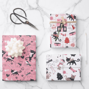Niedlicher Winter Weihnachts-Katzenmuster Geschenkpapier Set