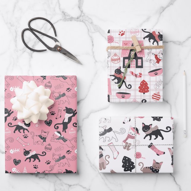Niedlicher Winter Weihnachts-Katzenmuster Geschenkpapier Set (Vorderseite)