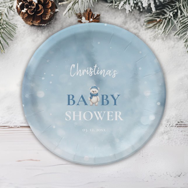 Niedlicher Winterbär Blue Baby Dusche Pappteller (Von Creator hochgeladen)