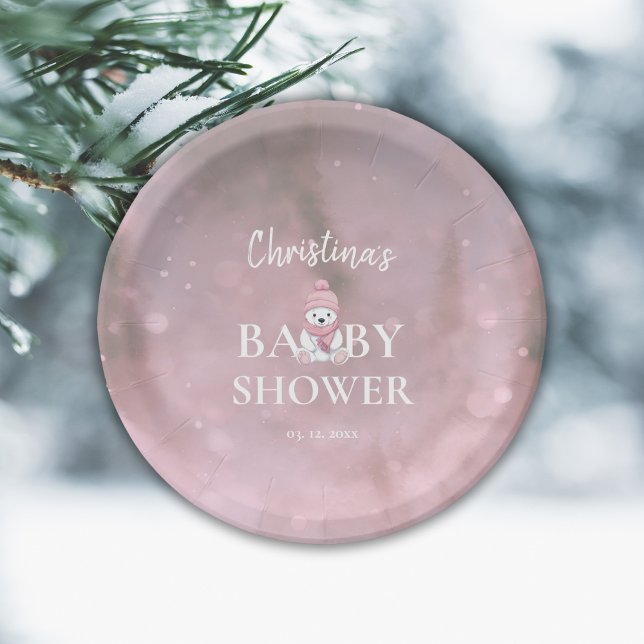 Niedlicher Winterbär Pink Babydusche Pappteller (Von Creator hochgeladen)